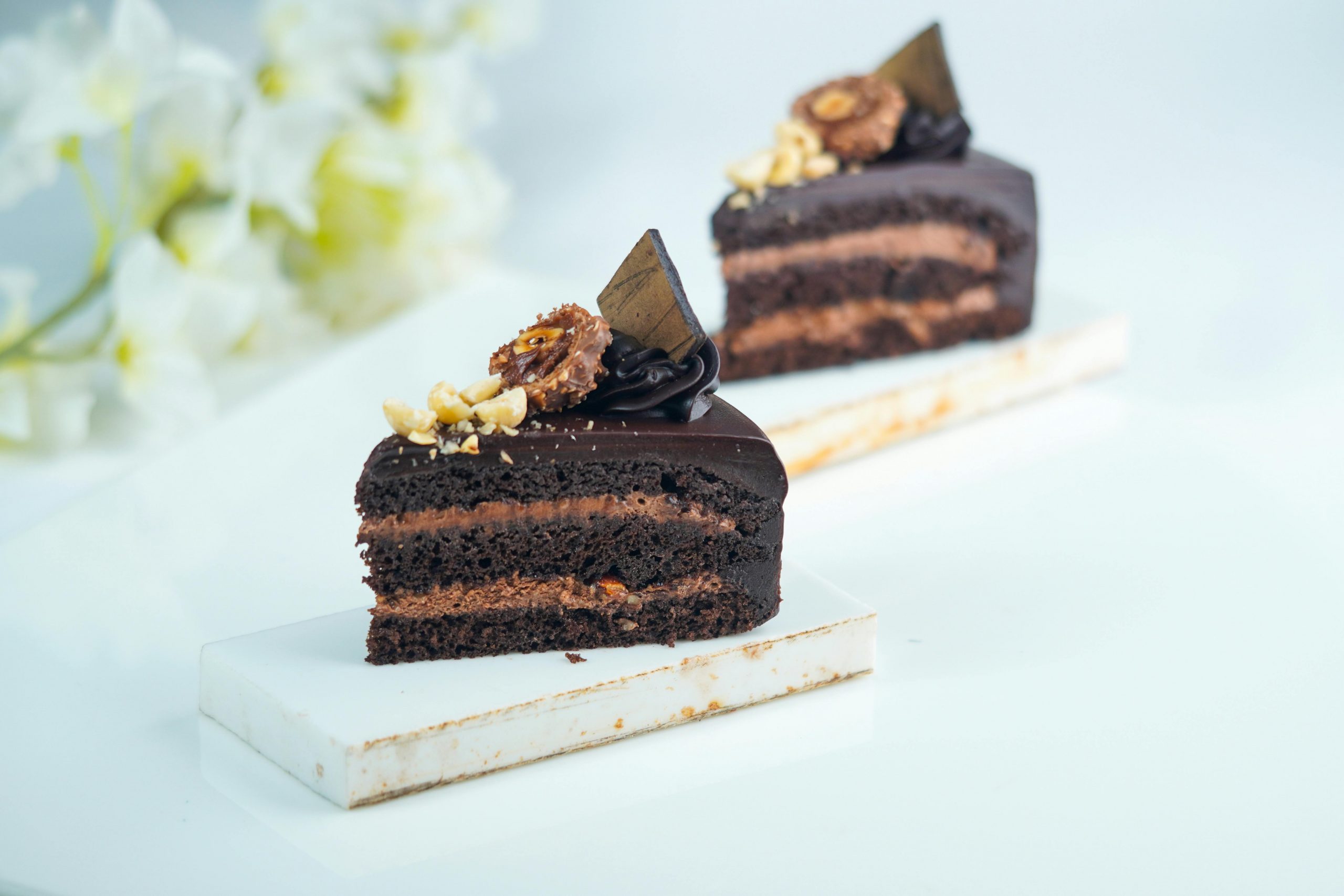 Close-up of two decadent chocolate cake slices with rich layers and decorative toppings.